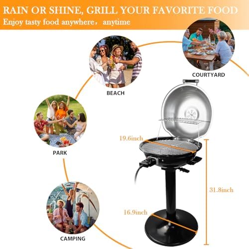 Electric Outdoor Grill Techwood 15-Serving Indoor/Outdoor Electric Grill for Indoor & Outdoor Use, Double Layer Design, Portable Removable Stand Grill, 1600W, Silver - Image 5
