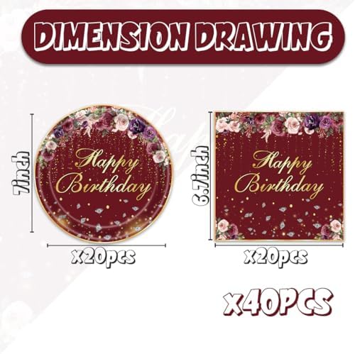 40pcs Red Happy birthday Supplies,include 20 Dessert plate and 20 Napkin,Red and Gold Party Plate Napkin Set,Used for Girls and women Party Decoration - Image 2