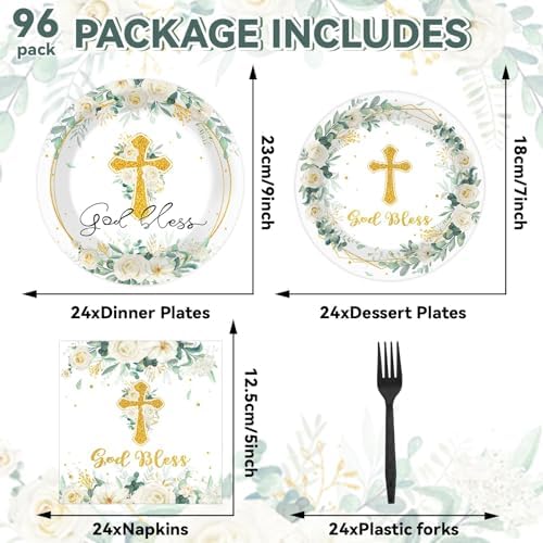 God Bless Plates and Napkins Baptism Tableware Set First Communion Party Paper Plates for Christening Newborn Dinnerware Cross White Floral Plate Mi Bautizo Baby Shower Decoration Supplies Serve 24 - Image 2