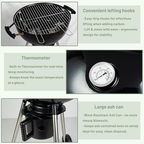 18-Inch Kettle Charcoal Grill with Lid, Porcelain-Enameled BBQ Grill with Built-in Thermometer, Adjustable Air Vents, Removable Ash Catcher, Wheels for Backyard BBQ, Patio & Outdoor Cooking - Image 5