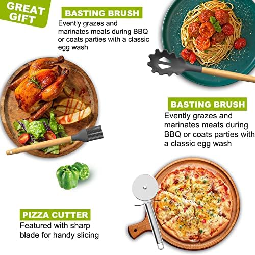 Umite Chef 36pcs Silicone Kitchen Cooking Utensils with Holder, Heat Resistant Cooking Utensils Sets Wooden Handle, Nonstick Kitchen Gadgets Tools Include Spatula Spoons Turner Pizza Cutter(Grey) - Image 5