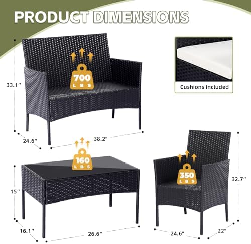 Patio Furniture Set 4 Pieces Conversation Sets Outdoor Wicker Rattan Chairs Garden Backyard Balcony Porch Poolside Loveseat with Soft Cushion and Tempered Glass Table(Black) - Image 2