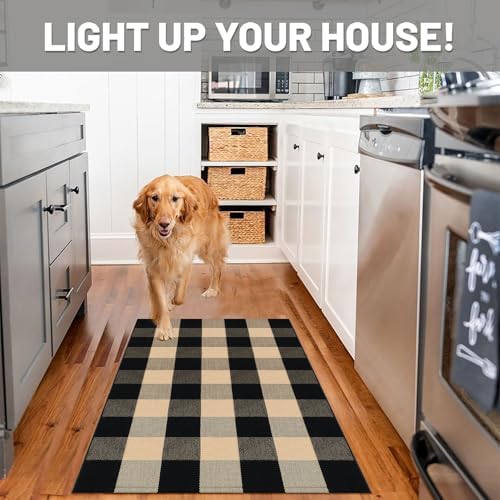 IOHOUZE 27.5x43 Buffalo Plaid Rug, Washable Outdoor Door Mat, Tan Black - Image 4