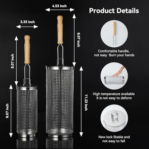 Rolling Grill Baskets 2PCS, 304 Stainless Steel Grill Basket with Removable Wooden Handle, Portable BBQ Grilling Basket for Fish Vegetables (11in,8in), Outdoor Barbecue Accessories - Ideal Gifts for Men Dad Husband - Image 4