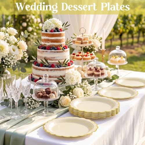 NatNarr 30 Pk Ivory Dessert Plates 7" Scalloped Cream Plates with Gold Rim - Image 6