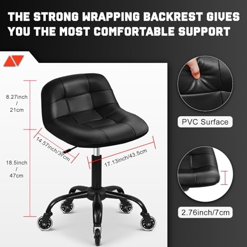 Rolling Shop Stool with Wheels, Rolling Short Stool with Back Support, 360° Swivel Garage Chair, Height Adjustable Chair 330lb Heavy Duty for Spa Salon Massage Tattoo (Black) - Image 2