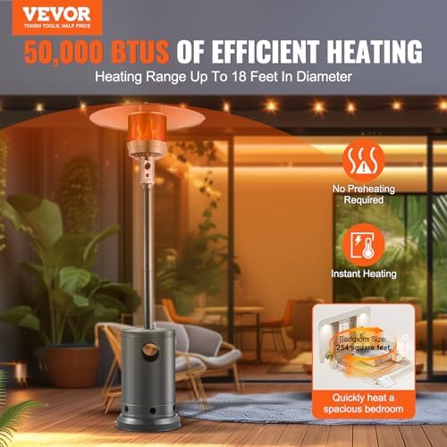 VEVOR 50000BTU Propane Patio Heater for Outdoor Use With Round Table Design, Metal Burner and Wheels - Tall Hammered Flame Heater for Party, Backyard, Garden, Silver Gray - Image 2