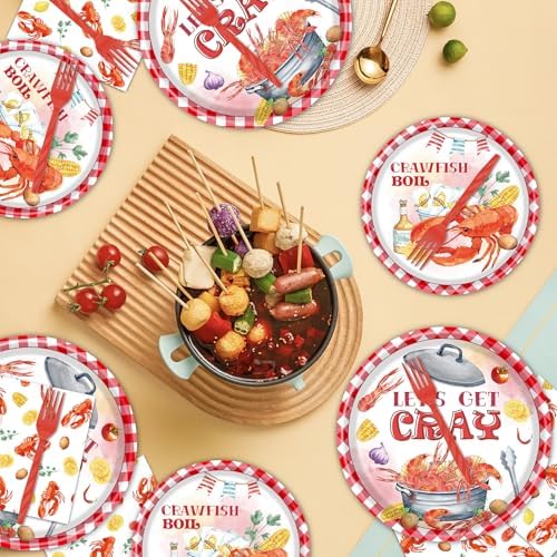 Gameza Crawfish Boil Party Decorations, 96PCS Crawfish Paper Plates Napkins Table Birthday Decoration, Crayfish Crab Seafood Shrimp Theme Forks Decor Supplies for Summer Serve 24 - Image 5
