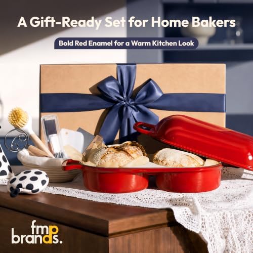 FMP Brands Double Dutch Oven for Sourdough Bread Baking, 2QT Enameled Cast Iron Double Loaf Pan with Lid, Oven Safe up to 500°F, 2 Banneton Baskets, Bread Lame, Dough Whisk & Accessories - Image 7