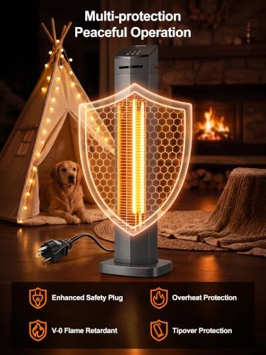 MEPTY Outdoor Heaters for Patio, 1500W Electric Infrared Heater with Remote, IP65 Waterproof, 12H Timer, Tip-Over&Overheat Protection, Quiet Operation, Tower Space Heater for Garage, Indoor,Room, Grey - Image 6