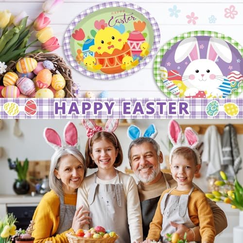 Qyeahkj 50 PCS Easter Oval Paper Plates Large 11' Disposable Bunny Party Decorations Colorful Easter Eggs Supplies Favor for Party Tableware Set - Image 3