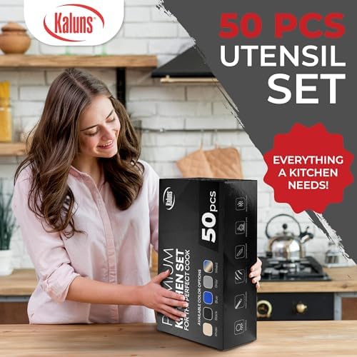 Kaluns 50 PCS Silicone Kitchen Utensils Set Complete Kitchen Set - 800°F Heat Resistant Non-Stick Premium Silicone Cooking Utensils W Wooden Handles - Can Opener, Masher, Turner, Silicone Spatula Set - Image 4