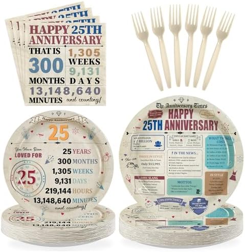 96Pcs Retro 25th Anniversary Party Decorations, Serves 24 by Greencian