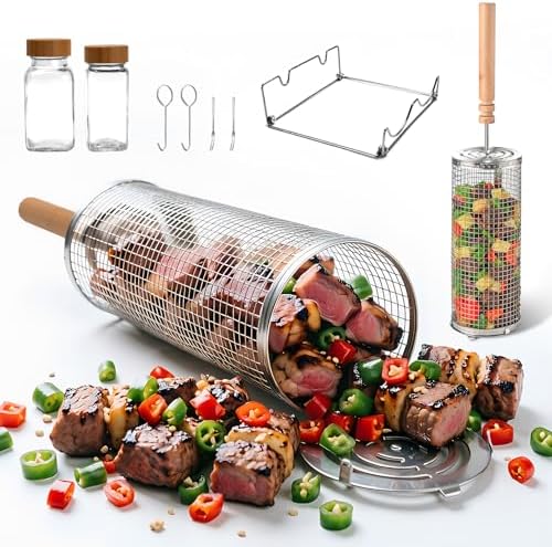 Rolling Grill Basket,Removable Wooden Handle with Condiment Bottle and Stand, 304 Stainless Steel,Nesting BBQ Tools, Smoker Grilling Accessories for Vegetable Shrimp, Birthday Gifts for Men Dad Husban by Unknown