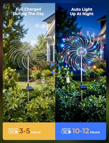 Multicolor Solar Lights Outdoor, 2 Pack 180LED Solar Garden Lights for outside, 8 Modes Firework Fairy light for Yard Pathway 4th of July Carnival Juneteenth Christmas Decor, Red/Yellow/Blue/Green - Image 4