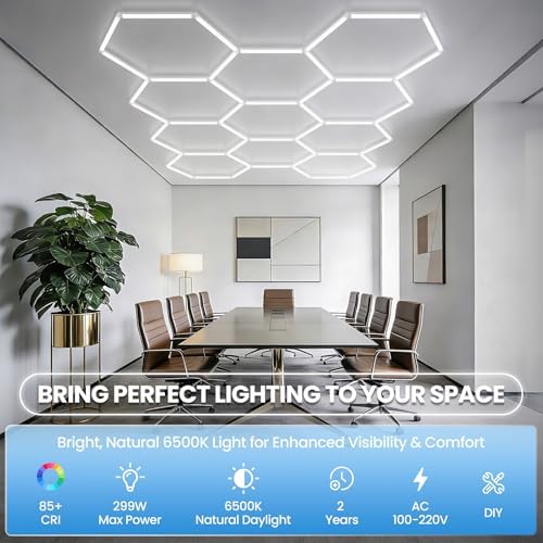 Hexagon Garage Lights Hexagon LED Lights 35880LM 6500K 299W Super Bright Honeycomb Lights Ceiling for Garage, Warehouse, Car Detailing Shop, Exhibition Hall, Gym (11 Pack) - Image 2