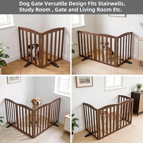 Freestanding Dog Gate Indoor,Doggie Gate Foldable Pet Gates for Doorways,Stairs or Hallways, Wooden Brown Pet Gate for the House, Pet Fence with Support Feet Included,32 "Height-2 Panels - Image 4