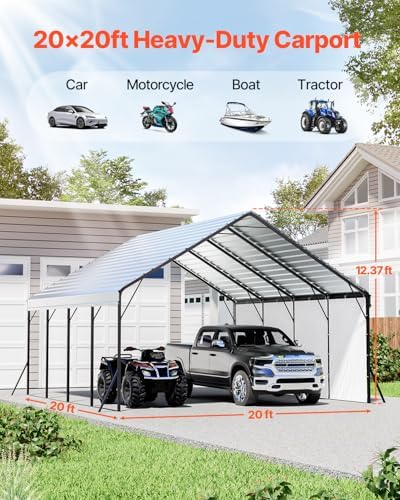 VEVOR Heavy Duty Metal Carport, 20 x 20 ft Outdoor Carport with Sturdy Frame & Roof, Car Garage Shade with Removable Sidewalls, Multi-Use Car Shelter for Pickup, Boat, Trucks & Tractors - Image 2
