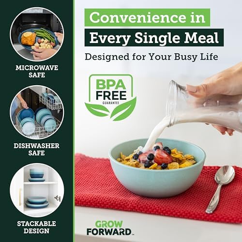 Grow Forward 16-piece Premium Wheat Straw Dinnerware Sets for 4 - Unbreakable Dishwasher & Microwave Safe Plastic Plates and Bowls Sets - Patio, Outdoors, RV, Camping Dishes - Seascape - Image 6