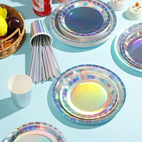 MaitianGuyou 7 Inch 40 Count Iridescent Holographic Paper Plates, Disposable Shiny Rainbow Dessert Plates for Birthday, Bridal Shower, Bachelorette, Wedding & Disco Party Table Decor - Image 6