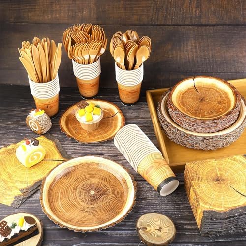Kochorie 400 Pieces Wood Slice Disposable Tableware Sets, Rustic Wood Party Supplies with Plates Cups Napkins Cutlery Serves 50 for Birthday Hunting Forest Themed Party Decorations - Image 4