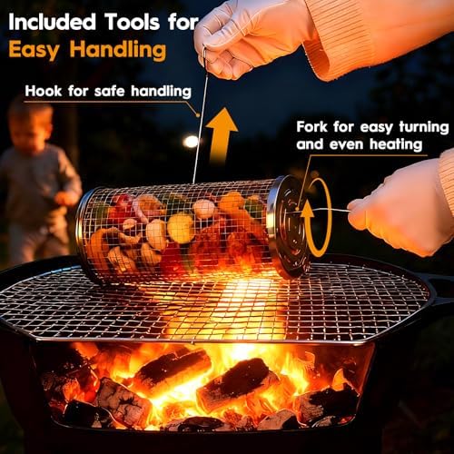 3 Pcs Rolling Grill Baskets for Outdoor Grill Accessories, BBQ Grilling Basket for Vegetables Shrimp Kebob, Outdoor Cooking Camping, Birthday Gifts for Men Dad Husband - Image 5