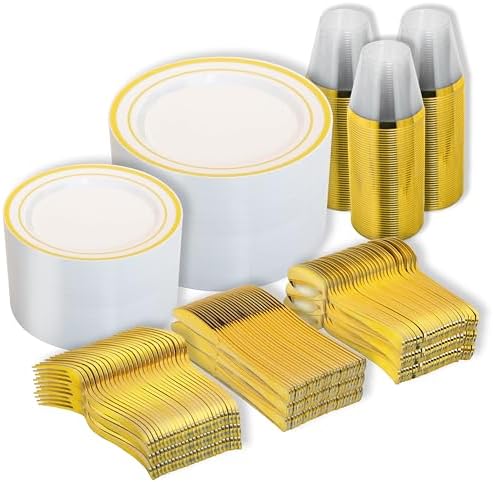 N9R 600PCS White and Gold Plastic Plates, Disposable Dinnerware Set by N9RTABLEWARE