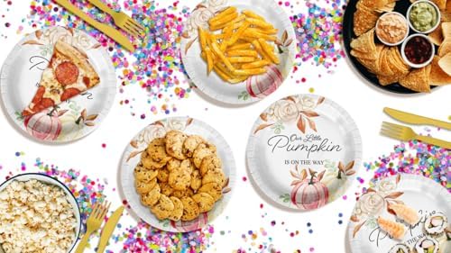Birthday Galore Little Pumpkin On The Way Girl Baby Shower - 32 Piece Disposable Party Supplies - Fall Baby Shower Decorations - Round Party Plates - Large 9" Paper Plates In Bulk - Image 4