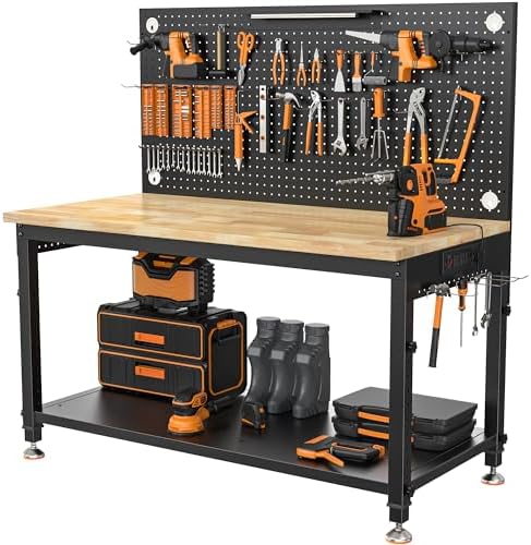 CAMMOO 48x24 Inch Garage Work Bench with Storage, Pegboard & Power Strip by CAMMOO