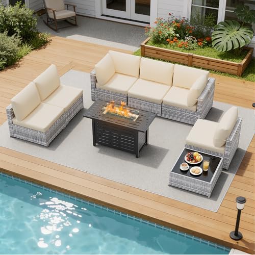 LOUVIXA 8 Piece Outdoor Patio Furniture Set, Outdoor Sectional Sofa with Firepit Table, Wicker Rattan Patio Furniture, Patio Conversation Set with Coffee Table & Cushions by LOUVIXA