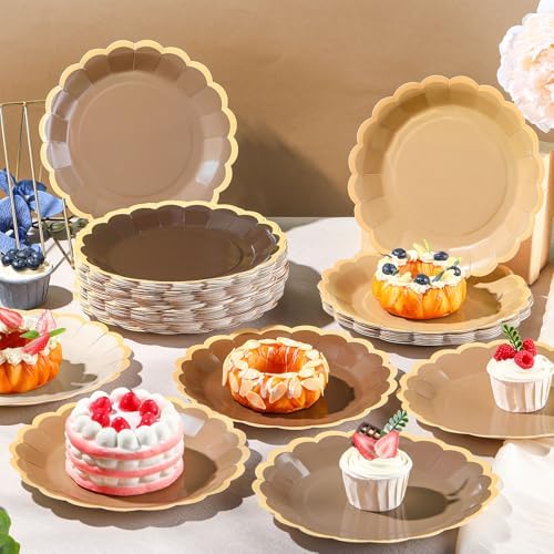 96 Pcs Brown Paper Plates 9 Inch Gradient Brown Scalloped Paper Disposable Dinner Dessert Plates for Birthday Wedding Bridal Party Supplies, 6 Colors - Image 2
