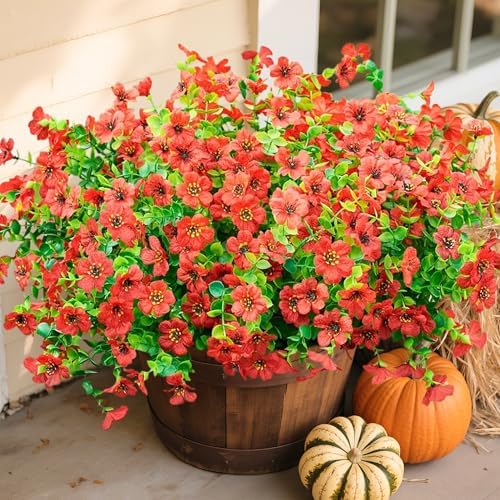 Daisy Artificial Flowers for Outdoors Decor, 12 Bundles Faux Daisy with Eucalyptus Fake Plants Greenery UV Resistant Look Real Colorful Faux Flowers for Outside Planter Porch Patio Yard Gardens, Red - Image 5