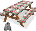 Red Green White Plaid Picnic Table Cover with Bench Covers and Bag, Camping Essentials, Water Resistant Windproof, Fitted Tablecloth Cover with Elastic Edge, for Indoor & Outdoor 3 PCS, 30x96 Inch by Xguatan