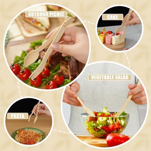30 Sets Interlocking Bamboo Forks and Spoons, Bamboo Forks Spoons Combo Set, 3 Funtions 60 Pcs Biodegradable Disposable Cutlery for Party Camping and Serving Food - Image 4
