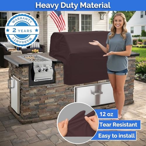 Covers & All Built-in Grill Cover for Outdoor Grill – Heavy Duty 12 oz Waterproof Built-in BBQ Grill Cover, PVC-Coated Polyester with Elastic Hem for Snug Fit (42 x 28 x 24 inches, Coffee) - Image 5