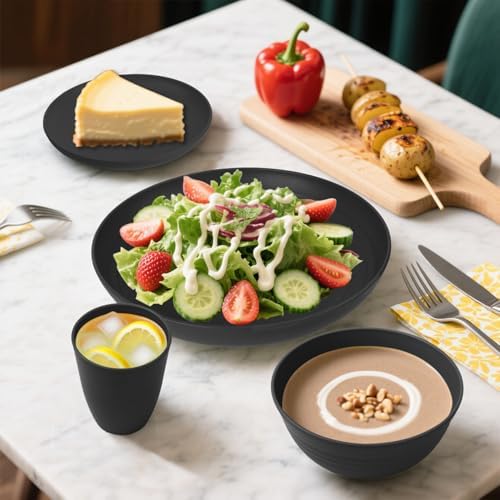 Wheat Straw Dinnerware Sets for 8, 32 PCS Unbreakable Plates and Bowls Sets, Reusable Dinnerware Set for Kitchen Outdoor and Apartment Dinning Essentials - Black - Image 3