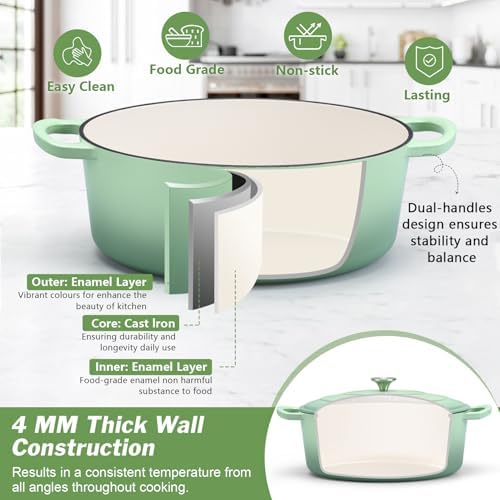 P&P CHEF Oval Dutch Oven with Lid, Enameled Cast Dutch Oven Pot for Bread Baking, Braising, Stewing, Roasting, Non-Stick & Oven Safe, Dual Handles & Easy Clean, 7QT & Pistachio Green, Valentine's Day - Image 5