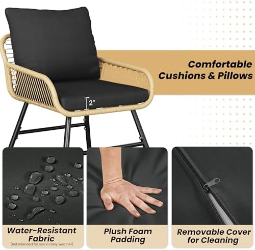 Yaheetech 4 Piece Patio Furniture Set, Outdoor Wicker Conversation Sets, Boho Loveseat & 2 Armchairs with Cushion and Pillow, Glass Top Table for Backyard, Porch, Balcony, Deck - Tan/Black - Image 5