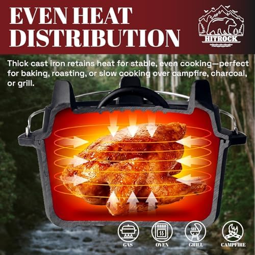 HITROCK Cast Iron Camp Dutch Oven 9QT, Pre-Seasoned Camping Dutch Oven with Lid, Flat Bottom Outdoor Pot with Lid Lifter,Pot Stand, Storage Bag & Handle for Camping, Baking, Grilling, Rounded-square Shape - Image 2