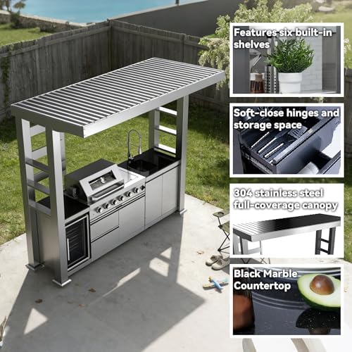 110-Inch 4-Burner 72000 BTU Propane Gas Grill Island with Shed, 304 Stainless Steel Silver, Outdoor Kitchen with Wine Cooler, Rotisserie, Granite Countertops & Sink for Backyard BBQ, Silver - Image 3