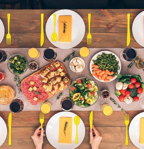 HEIPINIUYE 75 Pack Yellow Plastic Cutlery Heavy Duty Yellow Plastic Knives Forks and Spoons Disposable Silverware Set for 25 Guest Camping Birthday Baby Shower Party Cutlery Set - Image 5