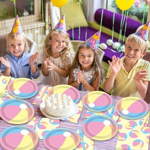 96PCS Summer Macaron Beach Ball Party Paper Plates and Napkins and Forks Set for Macaron Beach Ball Party Paper Plates Disposable Decor Summer Parties Set for Kids Birthday Gatherings Decorations - Image 6