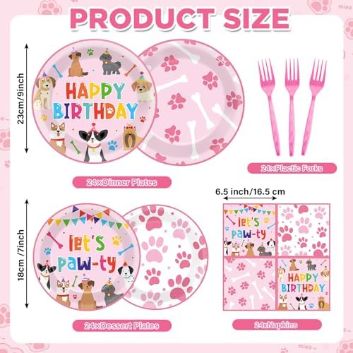 96 Pcs Puppy Birthday Party Decorations Pink Dog Plates and Napkins Dog Paw Party Paper Plates Dinnerware Set Lets Pawty Theme Tableware for Girls Serve 24 Puppy Pet Paw Print Birthday Supplies Pawty - Image 2