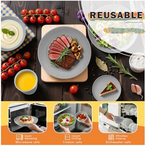 Wheat Straw Dinnerware Sets, Plates and Bowls Sets, 32 PCS Dinnerware Sets Service for 8, Unbreakable Reusable Plates Set, Outdoor Kitchen and Apartment Dinning Essentials - Gray - Image 6