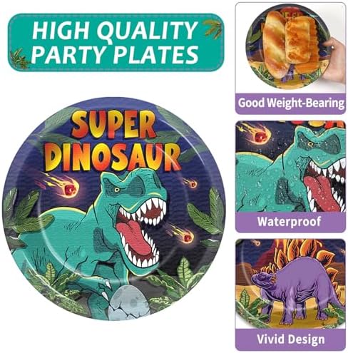 96 Pcs Super Dinosaur Plates and Napkins for Dinosaur Birthday Party Supplies Dino Movie Theme Paper Dessert Plates and Napkins Jungle Dino Tableware Set for Kids Boys 24 Guests Party Decorations - Image 3