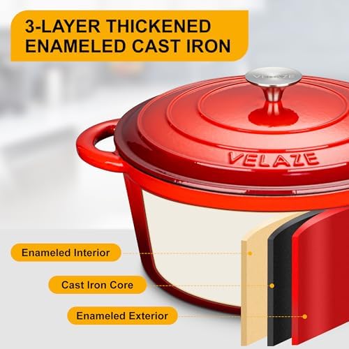 Velaze 7.5 QT Enameled Cast Iron Dutch Oven Pot with Lid,Red - Image 4