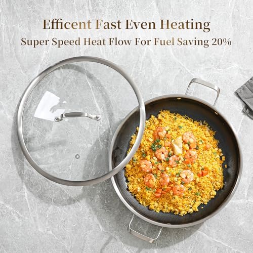 DELARLO Nonstick Paella Pan With Lid 14 Inch, Tri-Ply Stainless Steel Large Skillet, Everyday Pan, Fast & Even Heating Induction Cooking Pan, Dishwasher and Oven Safe, Heavy Duty Style - Image 7