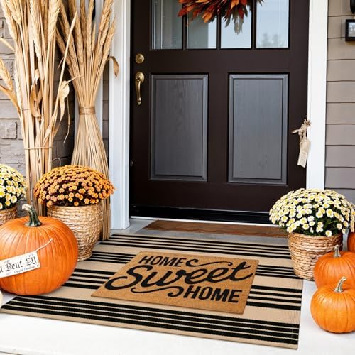 Fall Front Door Mat 24"x35", Cotton Washable Striped Outdoor Rug - Image 2