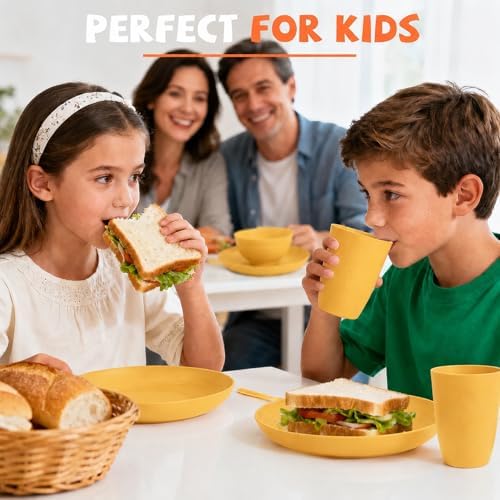 20 Piece Wheat Straw Dinnerware Sets for 4, Unbreakable Dish Set,Reuseable Kids Plates and Bowls Sets for 4, Lightweight Kitchen Dishware Set for Camping, Picnic, and Famliy Meal - Yellow - Image 6