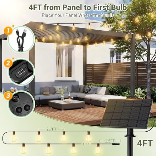 30FT Solar String Lights Waterproof, 10+1 LED Shatterproof Bulbs Solar Powered with Remote & USB Port, 3 Modes Dimmable Outdoor Lights for Patio, Garden, Camping - Image 7